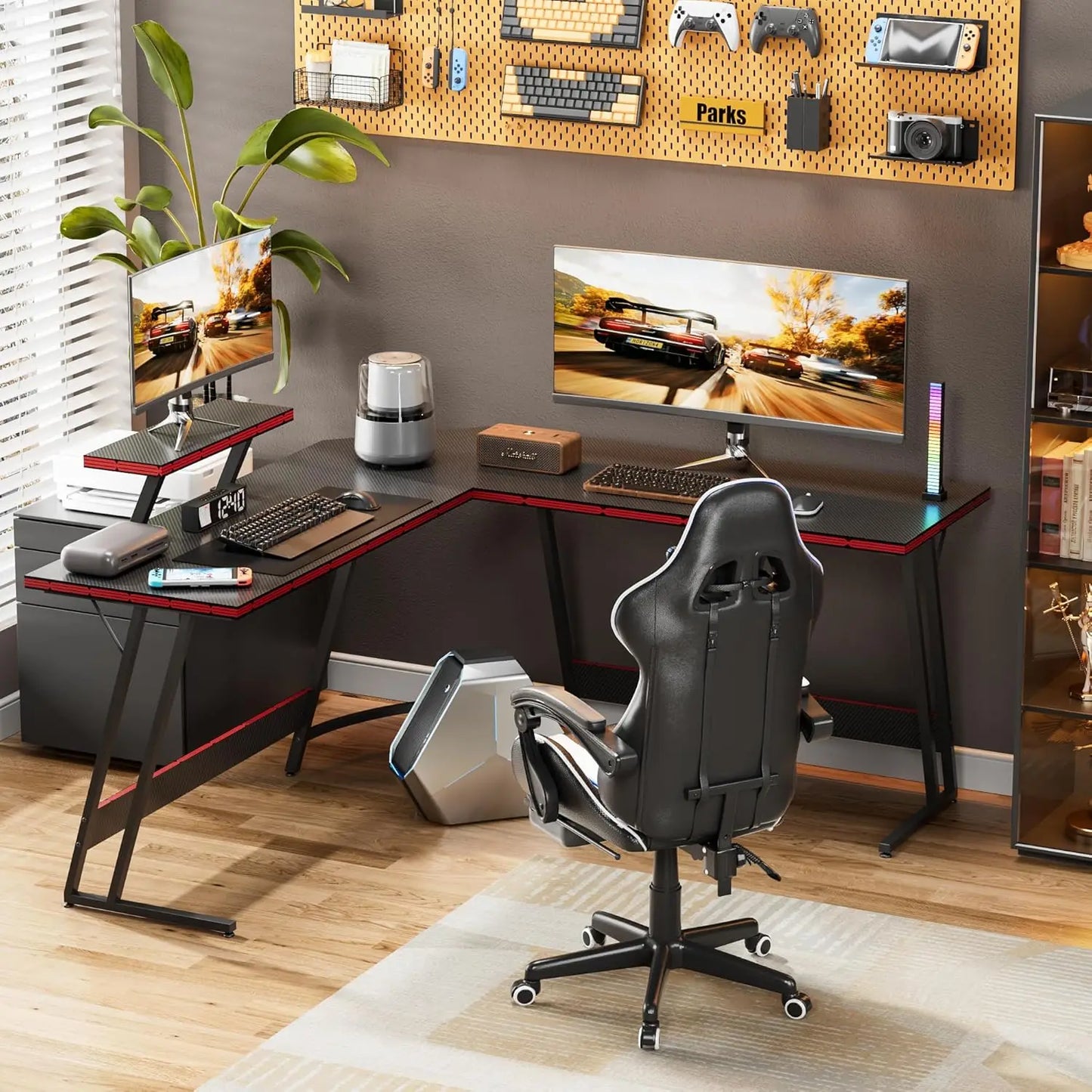 L-Shaped Gaming Desk with Monitor Stand, 51-Inch Corner Computer Table for Home Office, Sturdy Black Workstation