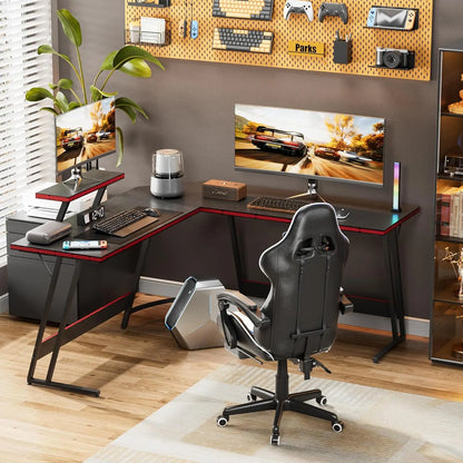 L-Shaped Gaming Desk with Monitor Stand, 51-Inch Corner Computer Table for Home Office, Sturdy Black Workstation