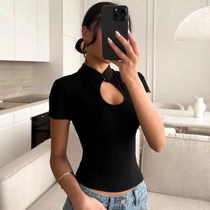 Stand Collar Button Hollow Out T-shirt Women Sexy Solid Short Sleeves Slim Fit Cropped Shirts 2026 Lady Daily Street Outwear New