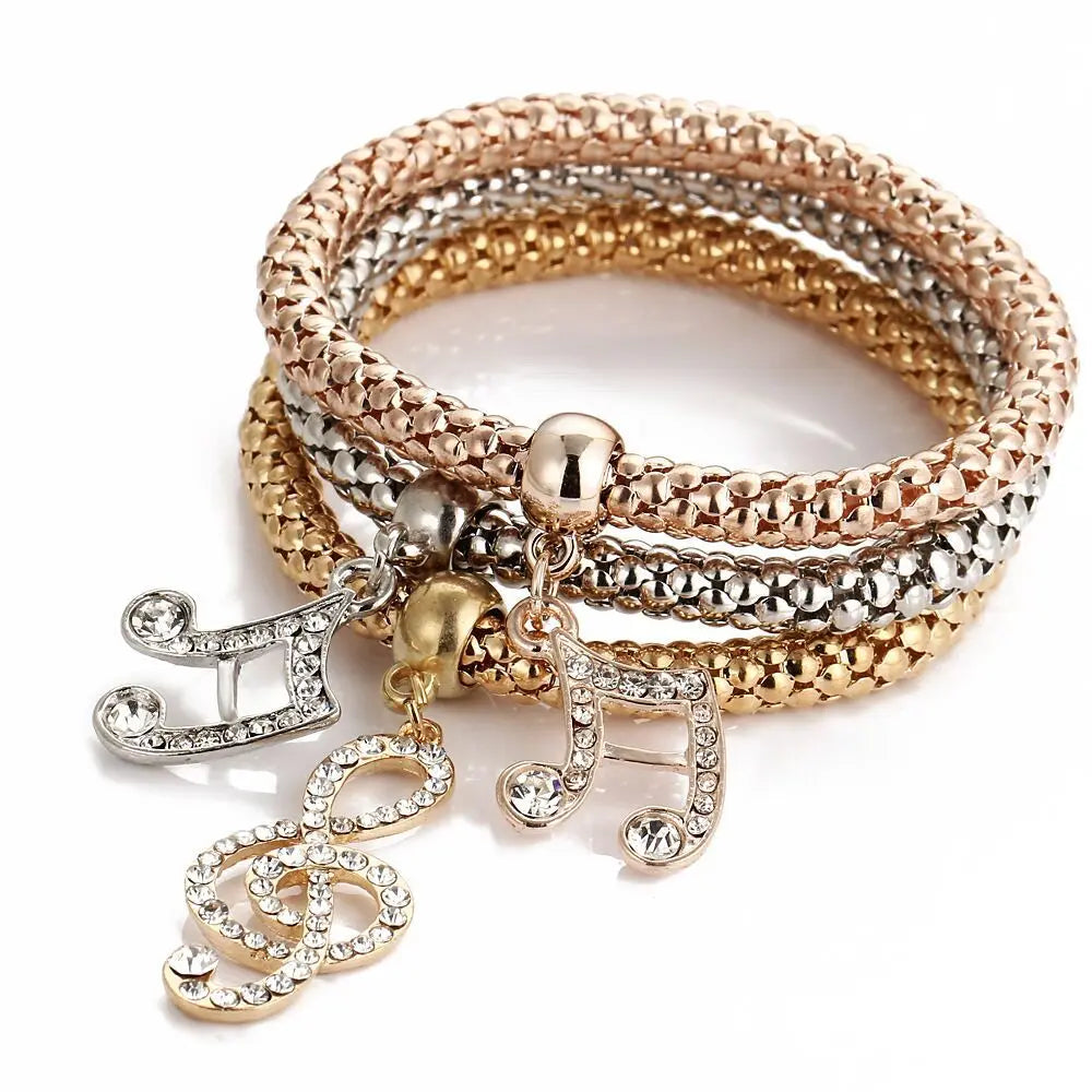 3Pcs Fashion Heart Bracelet Set For Women Crystal Owl Lock Key Music Sign Butterfly Elephant Charm Bangle Party Jewelry Gift