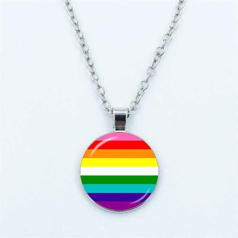 Rainbow Necklace LGBT Lesbian Gay Pride Rainbow Friendly Print Art Pattern Glass Cabochon Pendant Couple Chain Necklace Gift