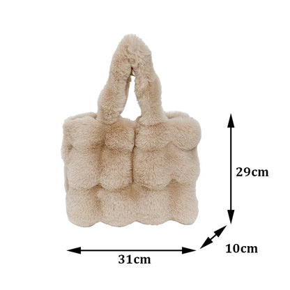 Women's Fluffy Plush Shoulder Bag Autumn Winter Top-Handle Solid Color Tote Versatile Commuter Handbag for Girls