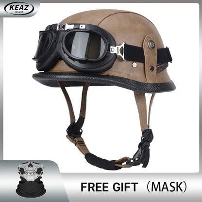 Factory Price Motorcycle German Style Leather Half Face Helmet DOT Approved Cap1/2 Shell Helmets+Goggles Open-Face Casque