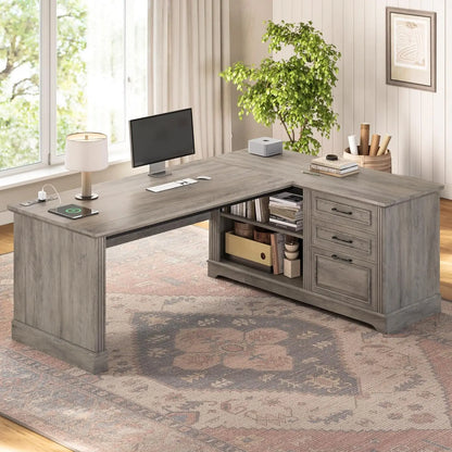 Executive Desk, 61' Farmhouse L Shaped Desk with File Drawers, Office Desk with Drawers and Power Outlets, Computer Desk with