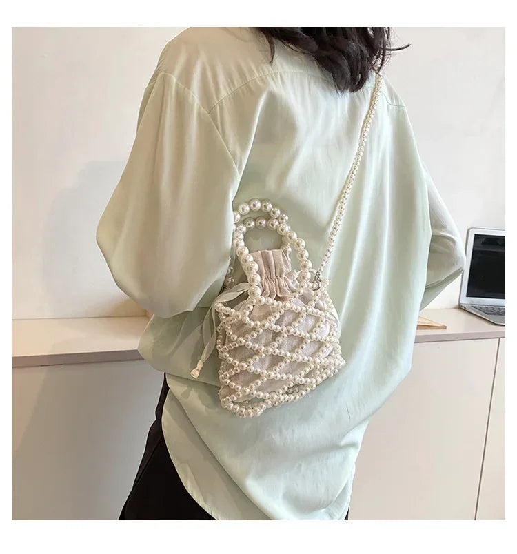 Women Pearl Bag Small Mini Tote Bucket Bag Woven Crossbody Hand Bags for Women Coin Purse Wallet Handbag Ladies Shoulder Bags