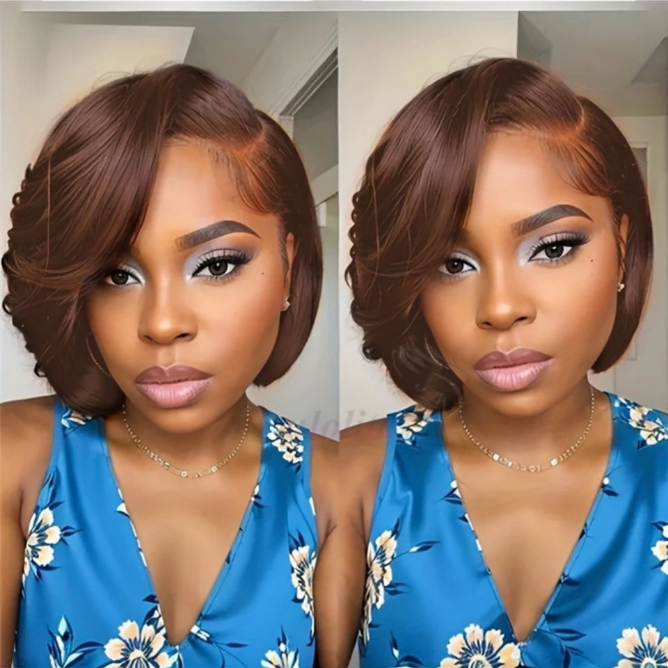 Straight Pixie Cut Wig Transparent Lace Human Hair 13×4 Human Hair Wigs Short Bob Wig For Black Woman hair Natural Color/#4