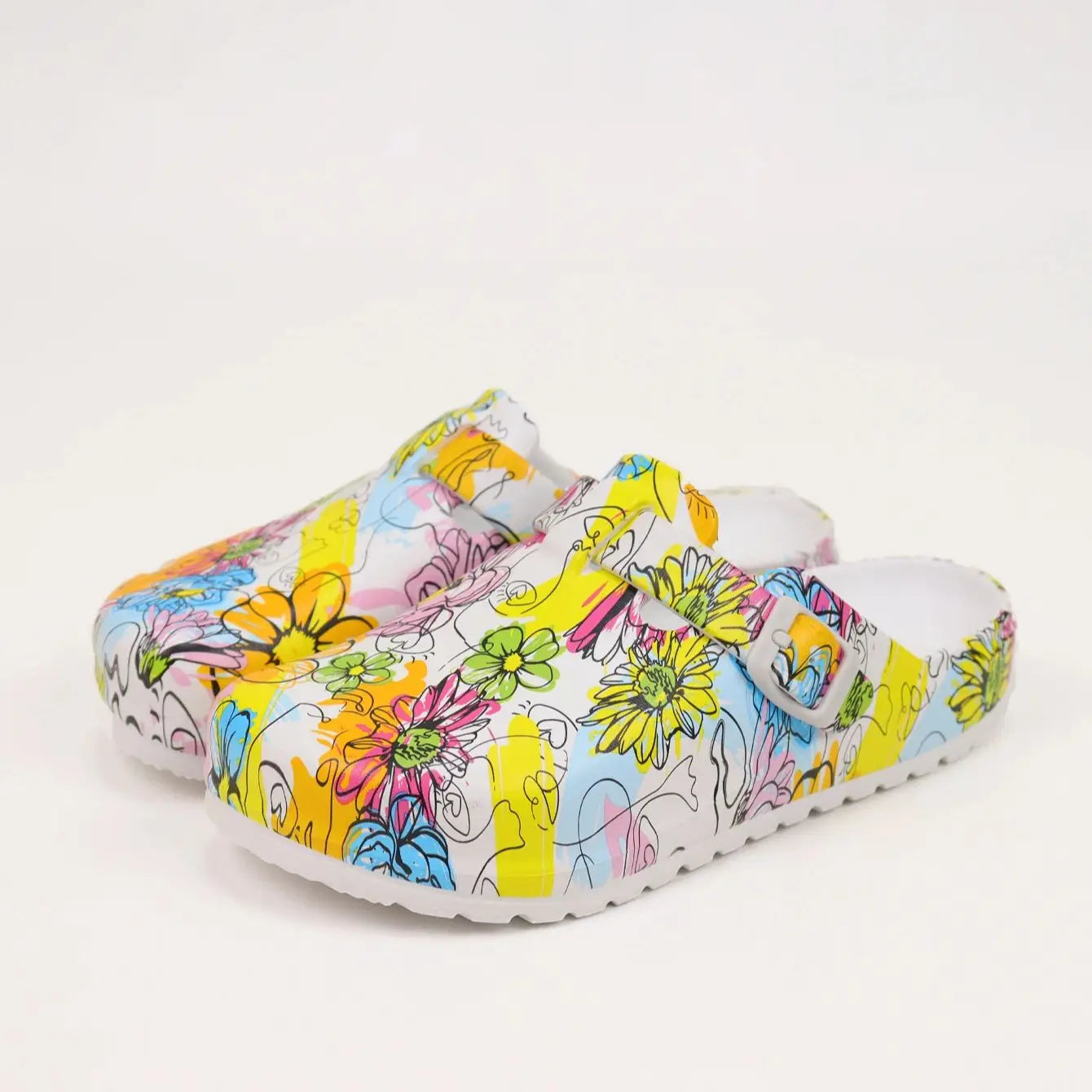 Women's Fashion Floral Print Clogs, Eva Summer Non-Slip Work Shoes, Lightweight Flat Soft Sole Adjustable Buckle Closed Toe Suitable for Beach Garden Autumn