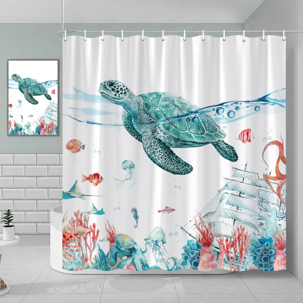 Nautical Green Sea Turtle Beach Theme Fabric Shower Curtain Set Bathroom Blue Ocean Decor with Grommets and Hooks