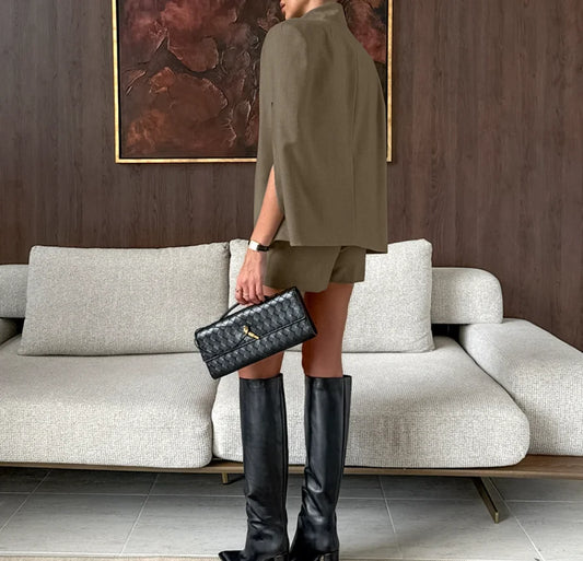 Two Piece Set Women Outfit 2026 New Spring Summer Retro Khaki Sleeveless Stand Collar Cape Sleeve Shirt Top & Casual Short Set