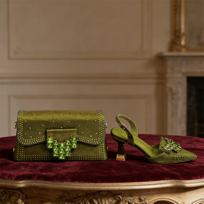 2026 INS Italian Design Olive Green rhinestone Pointed-Toe Women's High Heels & Matching Bag Set - Ideal for Parties & Weddings