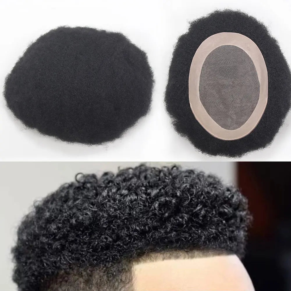 Afro Black Mens Toupee 4MM Man Wigs100% Human Hair African American Systems Afro Curly Hair pieces Replacement 1#Jet black 8x10"