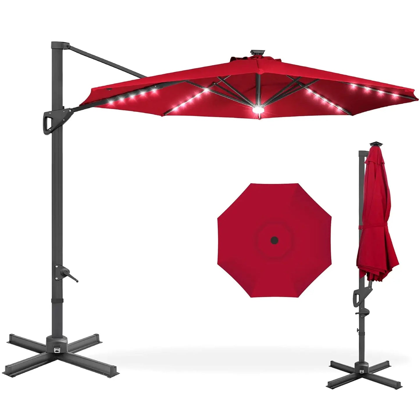 10ft Solar LED Cantilever Patio Umbrella, 360-Degree Rotation Hanging Offset Market Outdoor Sun Shade for Backyard,, Customized