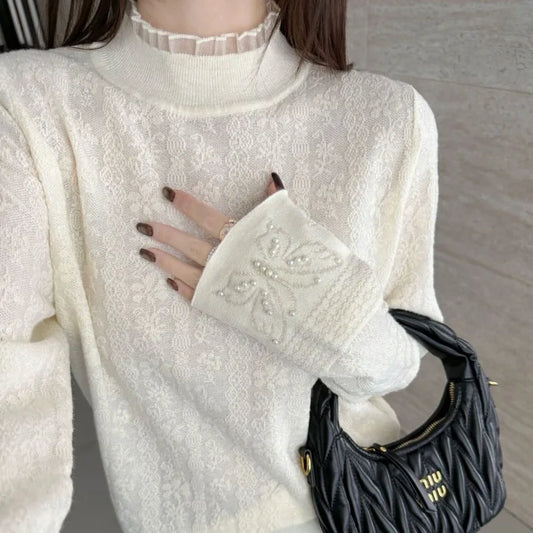 Women Clothes Autumn Winter Fashion Simplicity Lace Patchwork Knitting Half High Collar Female Solid Color Temperament Bottoming