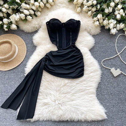 Foamlina  American Sexy Hollowed-out Waist Tube Top Dress for Women's Pleated Waist Hip-wrapped Streamer Girl's Short Dress