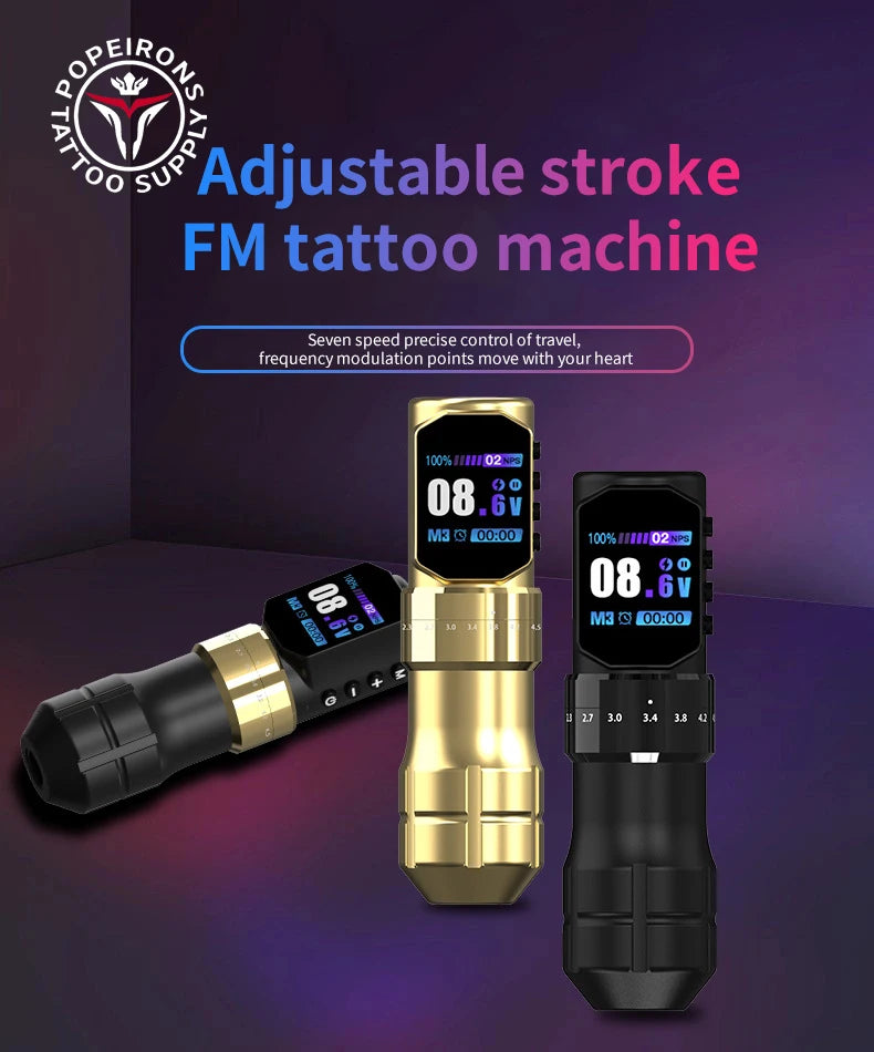 POPEIRONS Pro U Brave1.0 Wireless Tattoo Pen with Adjustable Stroke Tattoo Pen FM Cut Line and Fog