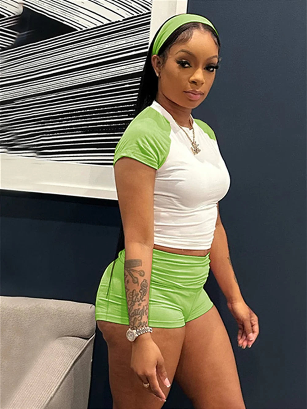 Weird  Puss Sporty Patchwork 3 Piece Set Women Casual Summer Headband+Crop Top+High Waist Bike Shorts Street Matching Tracksuit