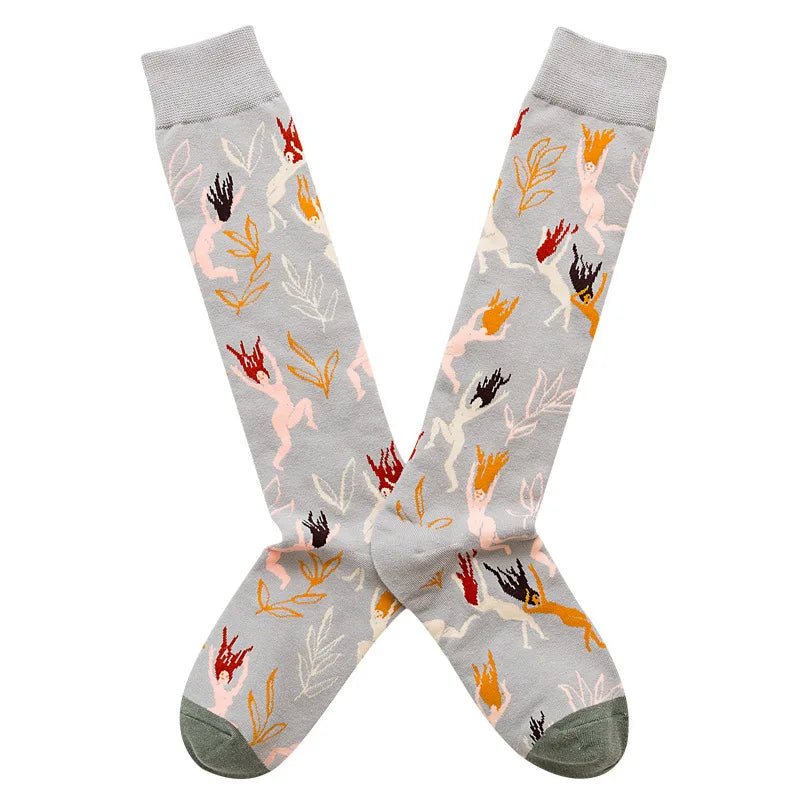 Socks Women's High Tube Calf Knee-length Socks Retro Illustration Art Abstract Street Autumn and Winter Cotton Socks High Sock