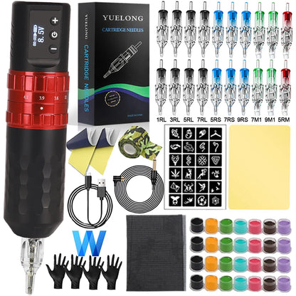 Complete Wireless Tattoo Pen Kit 7 Strokes Adjustable Tattoo Machine with Transfer Printer Ink Set Permanent Makeup Tattoo Kit