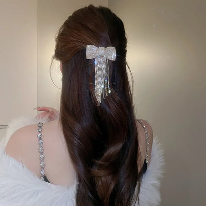 Rhinestone Bow Fringe Hairpin for Women Fashion Temperament Hair Clip Korean Light Luxury Hair Accessories Gold Silver Color