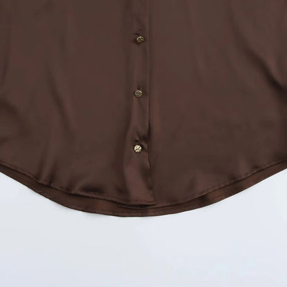 DUOPERI Women Fashion Satin Brown Blouse Lapel Neck Long Sleeves Vintage Female Chic Lady Shirts