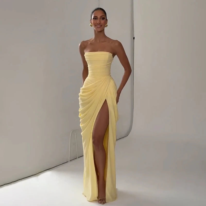 Elegant Yellow Strapless Pleated Dress Women Chic Sleeveless Waist Cinching Split Maxi Gowns 2026 Summer Lady Evening Party Robe