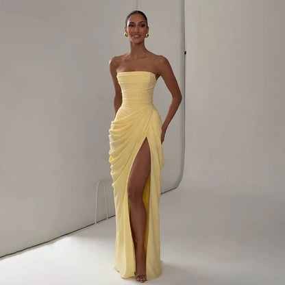 Elegant Yellow Strapless Pleated Dress Women Chic Sleeveless Waist Cinching Split Maxi Gowns 2026 Summer Lady Evening Party Robe