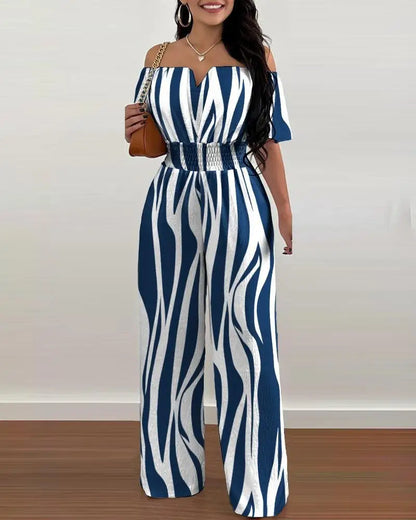 Summer New Women Sexy One Line Shoulder Solid Color Short Sleeve Jumpsuit Slim Elastic Waist Loose Straight Female Long Jumpsuit
