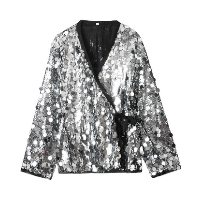 YENKYE New Autumn Women Sequin Kimono Jacket Coat Long Sleeve V Neck Female Casual Loose Outerwear Chic Lady Wrap Outfits