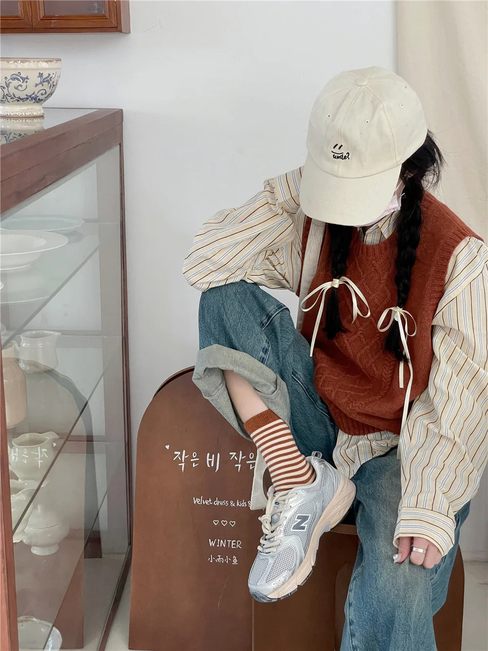 Korean Simple Colored Striped Cotton Socks Women’s Autumn Winter Breathable Middle Tube Socks College Style Trendy Casual Socks