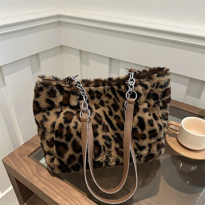 New Leopard Print Fur Bags Women Fashion Portable Faux Fur Handbags Winter Soft Warm Bag Girls Fluffy Large Capacity Tote Purse