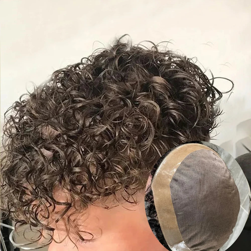 20mm Curly Blonde Brown Black Weave Toupee Man 100% Human Hair Wig Mono Lace&NPU Toupets for Men #4 System Capillary Prosthesis