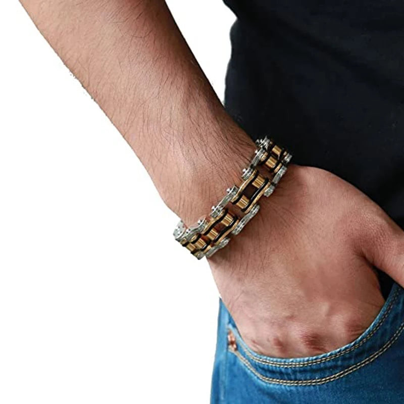 Punk Men's Orange Bicycle Bike Bracelets & Bangles Black Motorcycle Chain Bracelet Men Women Stainless Steel Biker Wrist Jewelry