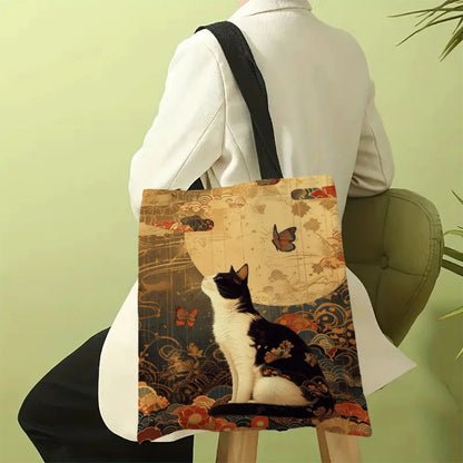 Classic Black And White Cat Tote Bag With Cat Print, Reusable Shoulder Shopping Beach Bag For Women, Durable Casual Carryall