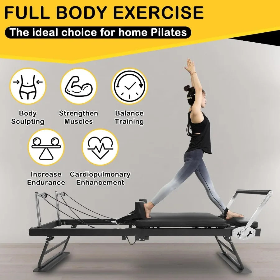 Heavy Duty Foldable Pilates Reformer Machine with Resistance Cords and Wheels for Home and Gym Use Ideal for Comprehensive Full