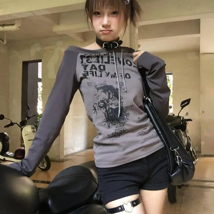 Karrram Japanese Y2k Off Shoulder T-shirt Grunge Aesthetics Graffiti Print Long Sleeve Tee Shirt Vintage Harajuku Streetwear 90s