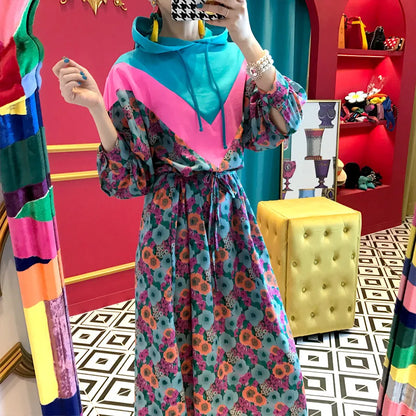 Chic Retro Floral Print Hooded Long Sweater Dr Women's High Waist Color Blo Waisand Casual Comfortable Autumn Dr
