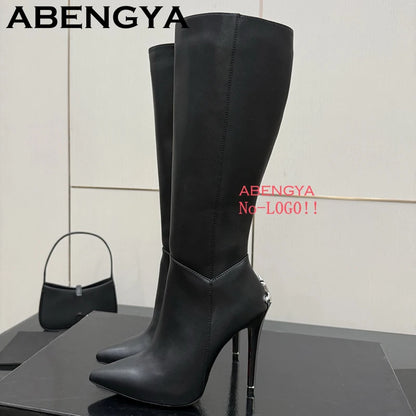 2025 Autumn Winter Fashion Pointy Toe Thin High Heels Long Boots Women Suede Leather Knee-High Boot Sexy Slim Knight Botas Mujer