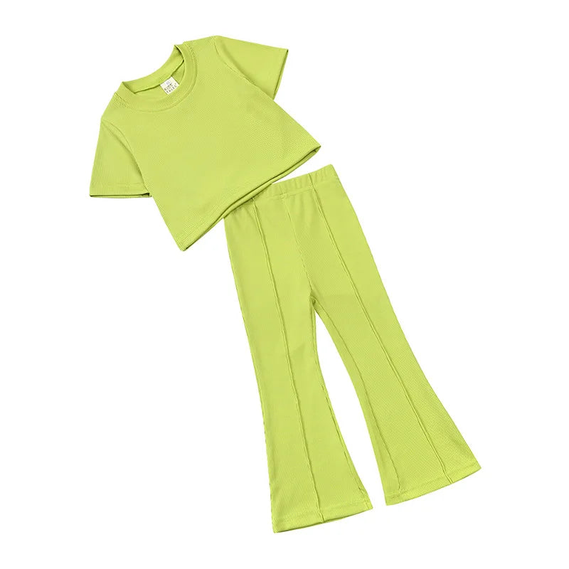 Summer Girls Bell Bottom Outfits 2Pcs Solid T-Shirt Tops + Flared Pants Suit Toddler Kids Fashion Tracksuit Children Clothes