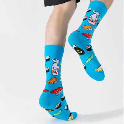 1 Pair Crew Socks With Japanese Cuisine Sushi Food Print In Blue, Comfortable Breathable Moisture-Wicking, Interesting Novelty