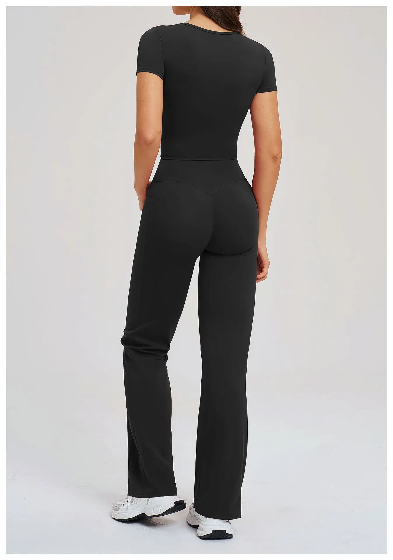 2PCS Women's Yoga Tracksuit midriff-baring short sleeve top high waist Bell-bottom Women Gym Running Training Workout Yoga Set