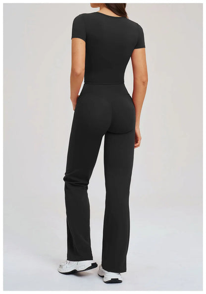 2PCS Women's Yoga Tracksuit midriff-baring short sleeve top high waist Bell-bottom Women Gym Running Training Workout Yoga Set