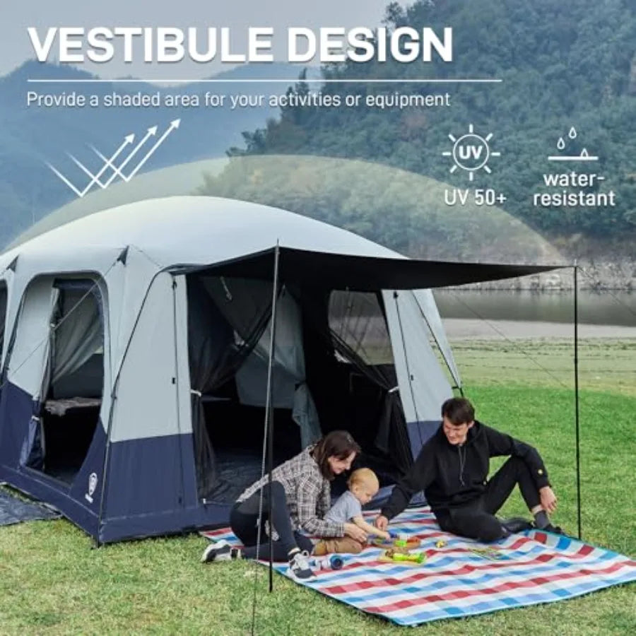 Camping tent for 10 persons, blackout design, black fabric, multi-room layout with rainfly and carry bag, 2 doors, water-resist
