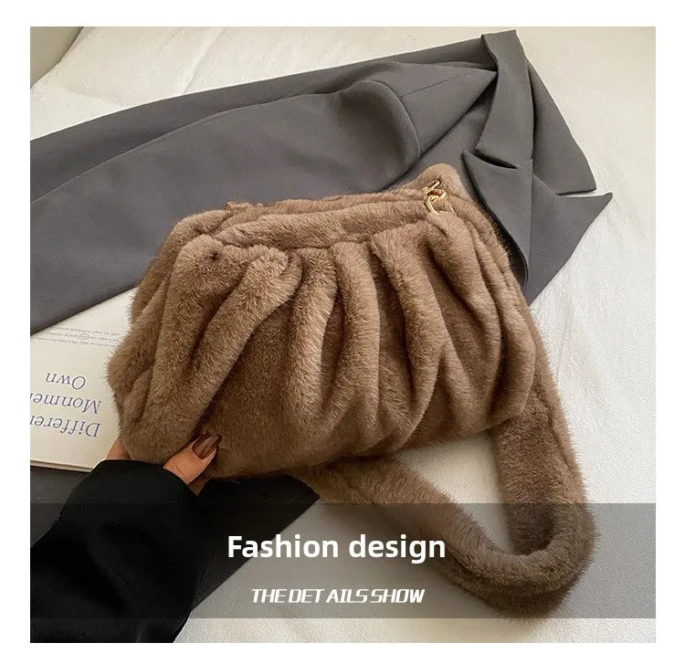 Cute and Versatile Winter Crossbody Bags Mink Fur Wrinkle Relaxed Texture Cloud Shell Bag Women Fashion Tote Shoulder Bag