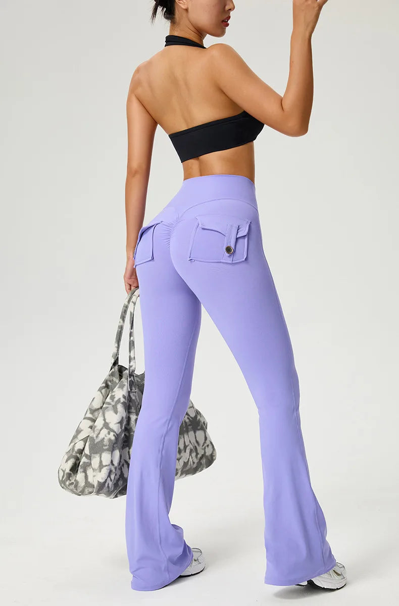 Women's Flared Pants Yoga Leggings Bell-bottoms Tight Elastic Breathable Sports Pants Back Waist Pockets Womens Clothing