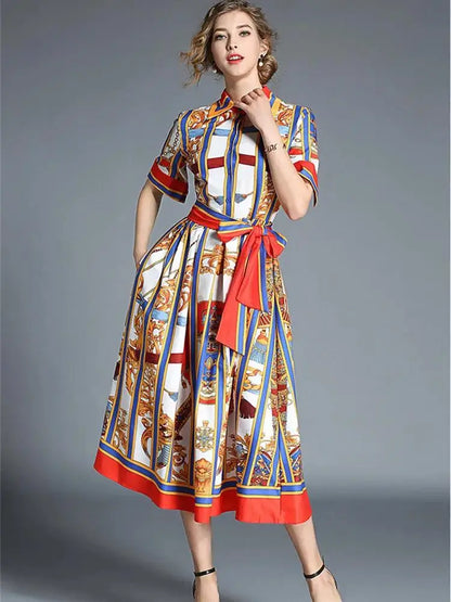 Women's Orange Striped Short Sleeves Vintage Belt Bow Tie Collar Shirt Dress Summer Runway Chain Printing Casual Midi Vestidos