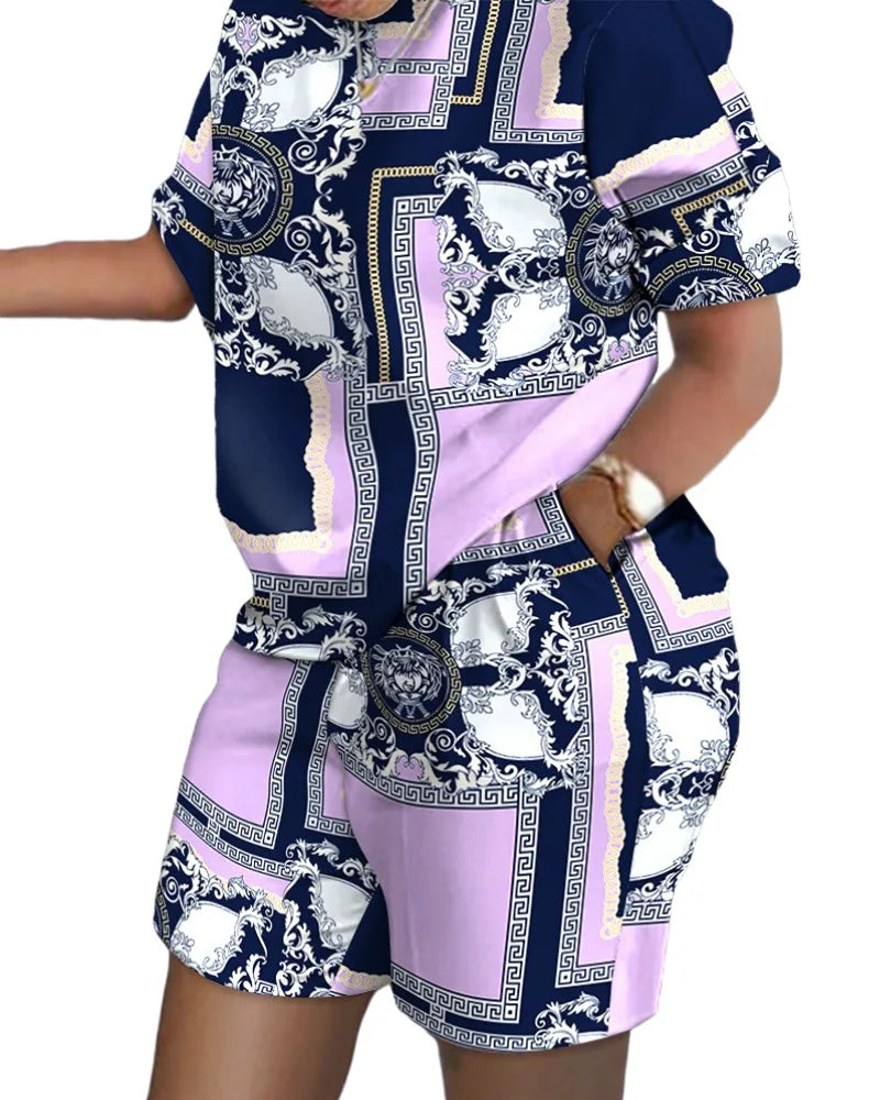 Ladies Casual Summer Two Piece Sets Printed Shorts Sets Women Round Neck Short Sleeve T Shirts Pullover High Waist Trousers Suit