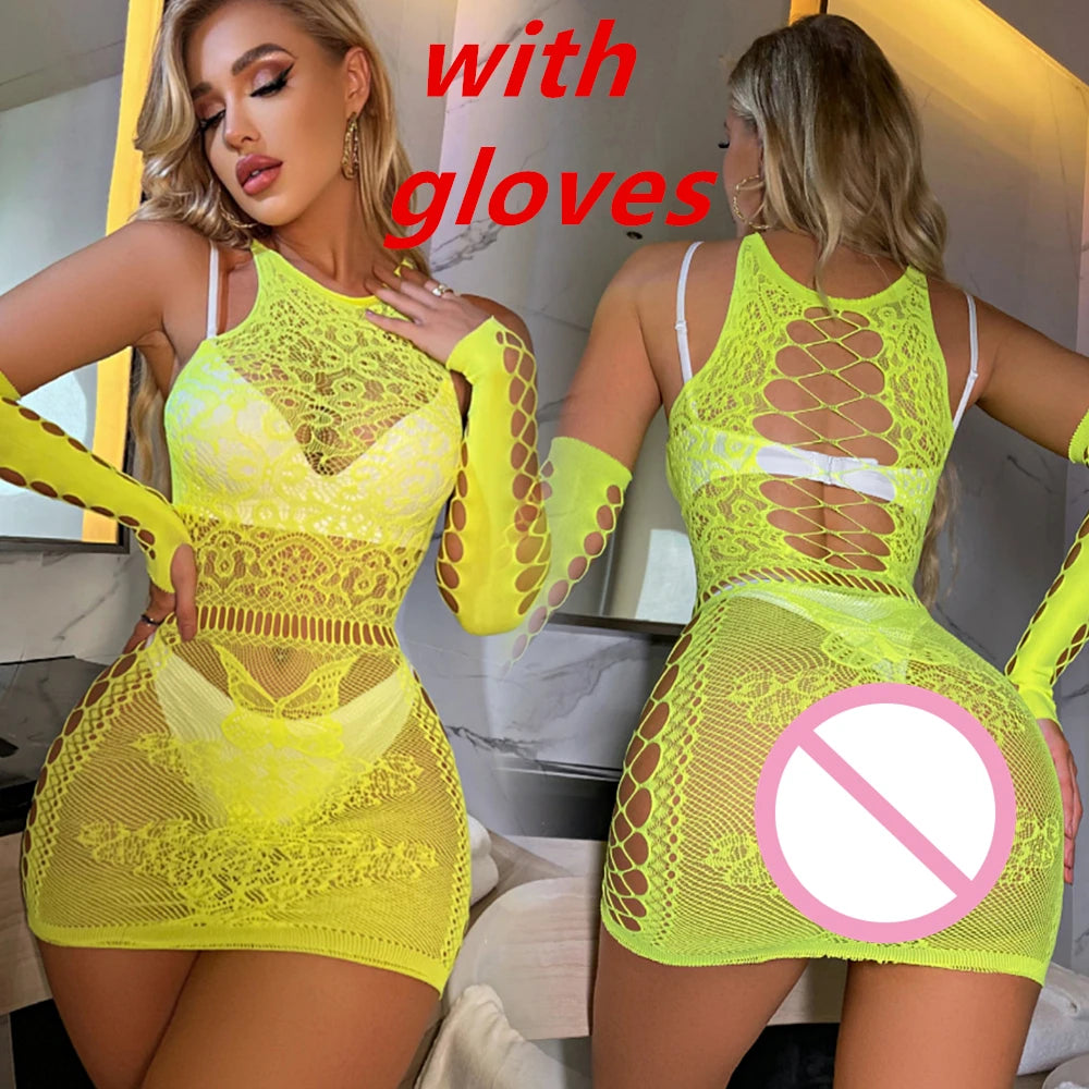 Sexy Women Fishnet Bodycon Mini Dress Mesh Hollow Out See Through Lingerie Erotic Perspective Temptation Nightdress Costume