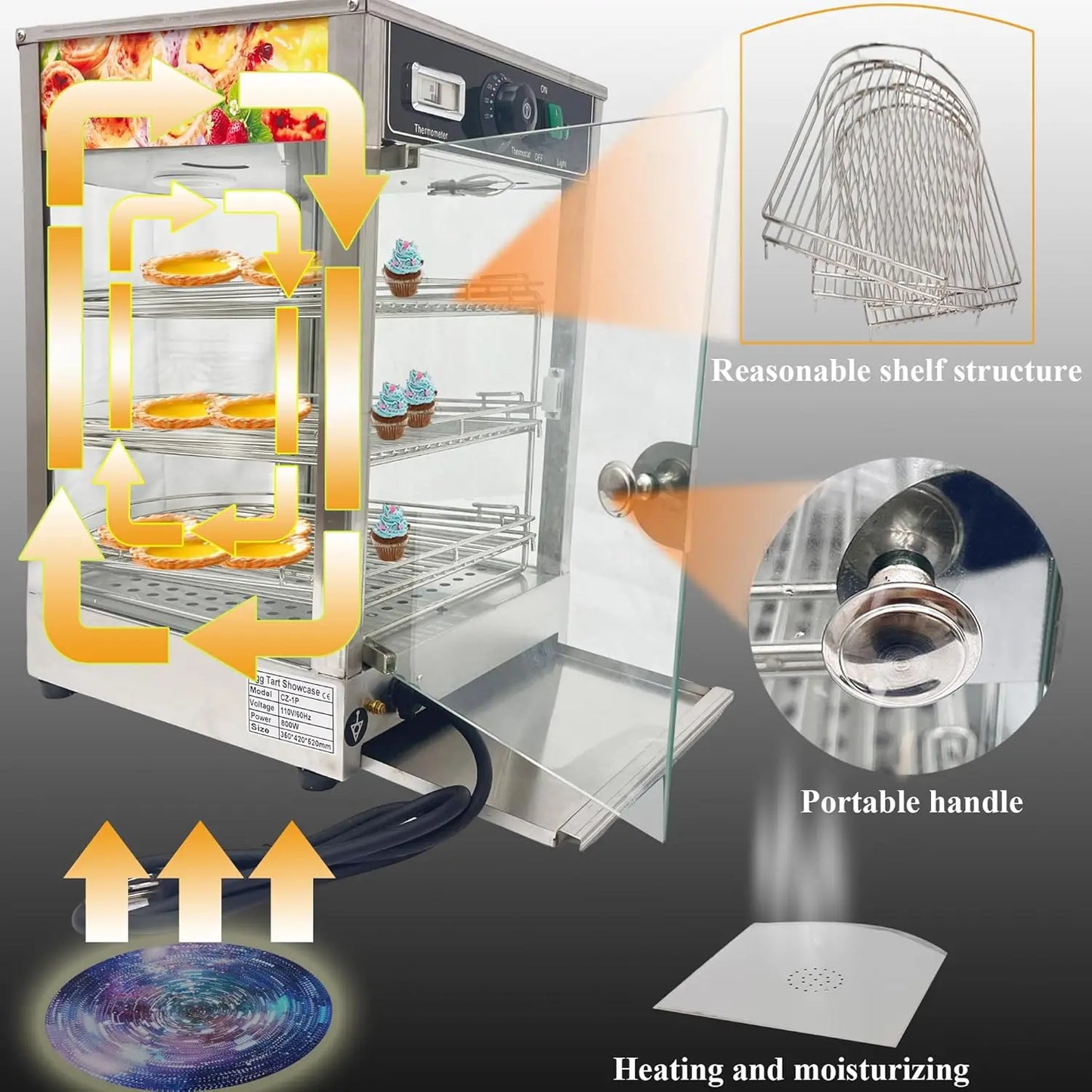 Commercial Food Warmer 3 Tier Countertop Food Display Case, 110V 850W Stainless Steel Pizza Warmer with Temperature Display