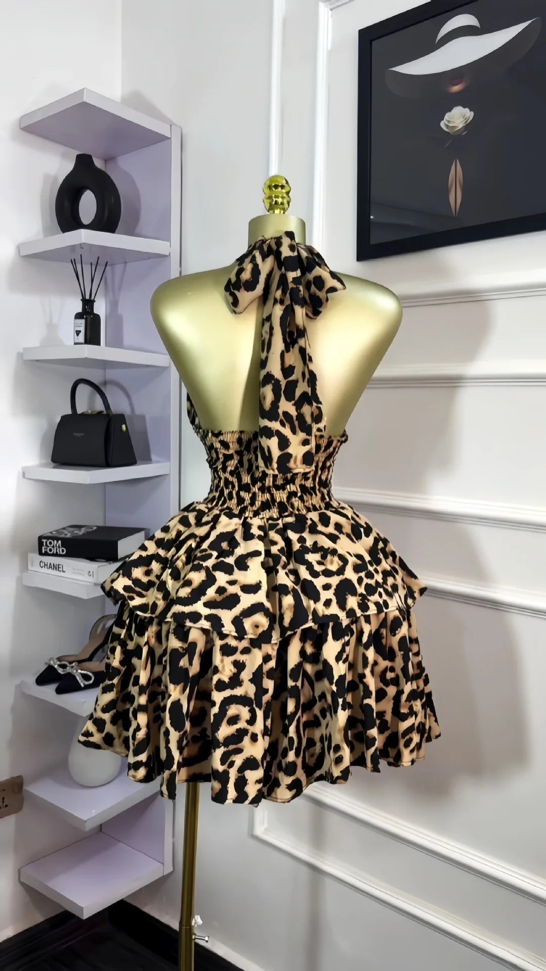 CM.YAYA Women Leopard Print Halter Neck Backless Cascading Ruffles Big Swing Ball Gown Mini Dress 2025 Sexy Club Party Dresses