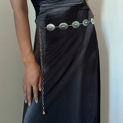Fashion Silver Bohemian female circular waist chain luxury blue gemstone Ellipse chain belts for women suitable for Skirts dress